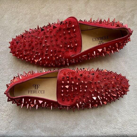 Ferucci Red Spike Rivet Flat Slip On Loafers Men 13 Art To Wear Slipper Bling - Picture 1 of 15